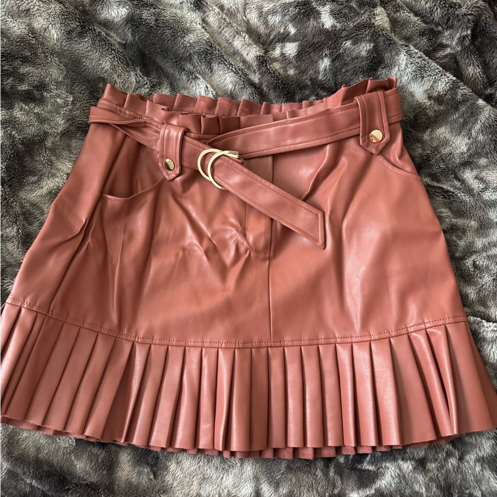 Zara Rust Brown Faux Leather Pleated Mini Skirt with Belt